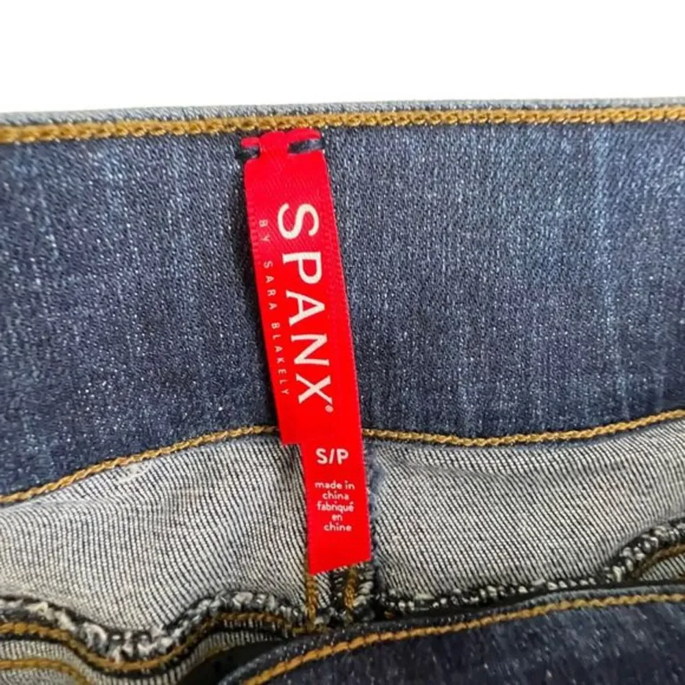 Spanx Womens Dark Wash Mid Rise Elastic Waist Pull on Raw Hem Skinny Jeans Small